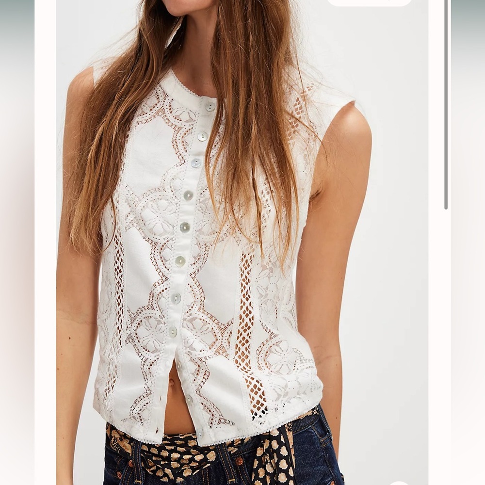 FreePeople White Lace-Trim Button-Front Camisole